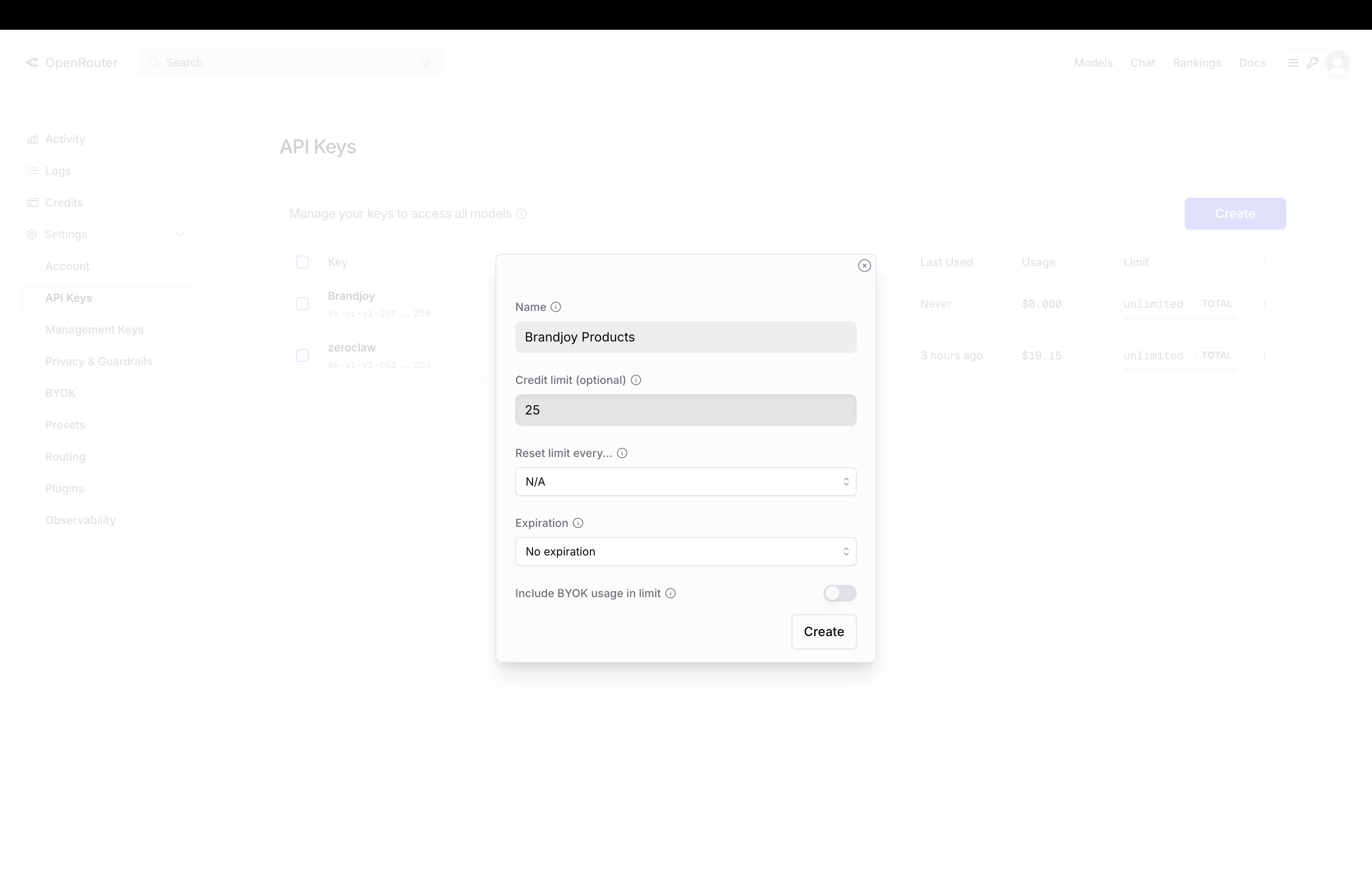 OpenRouter API key creation modal with name and limit settings