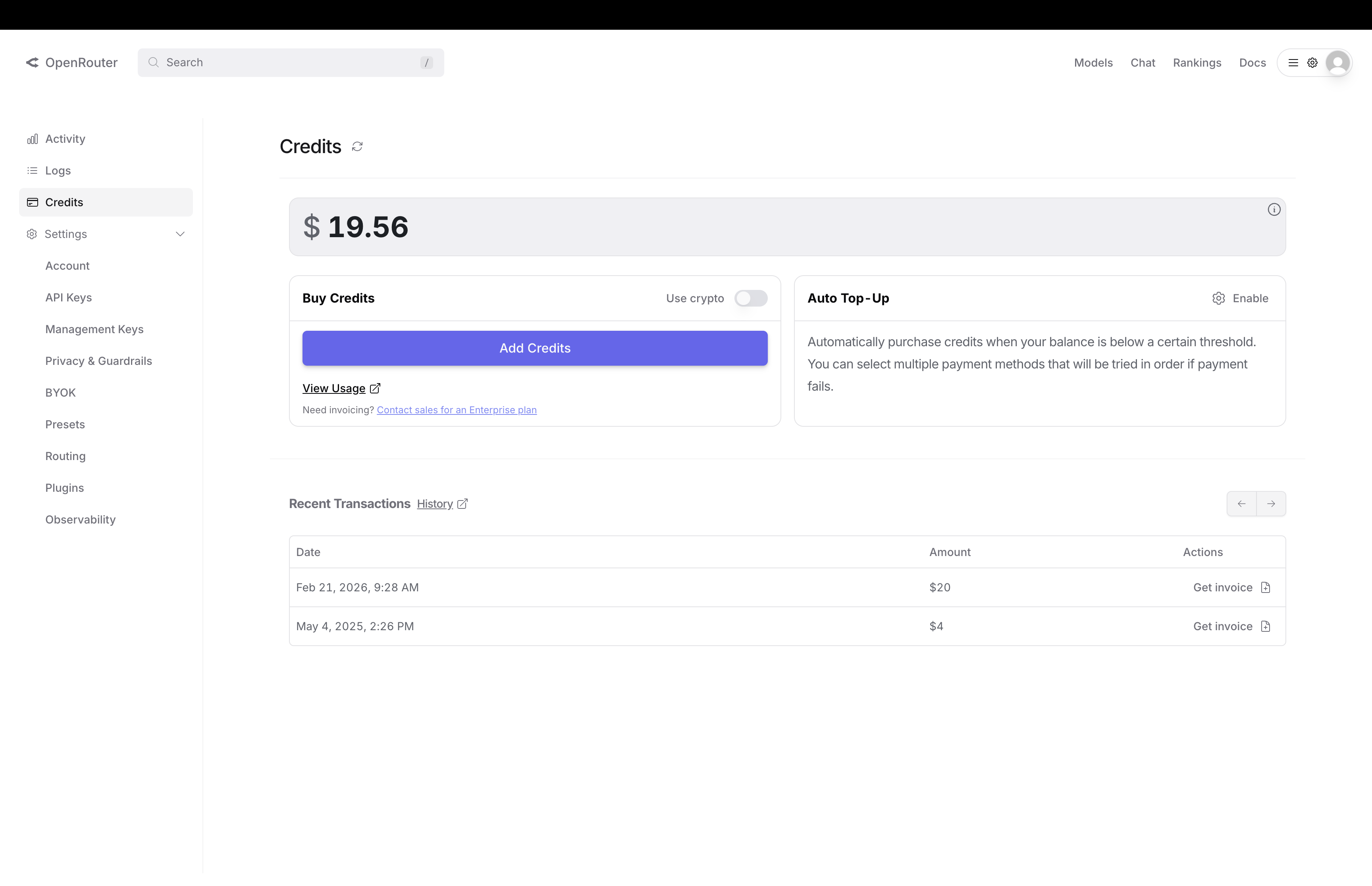 OpenRouter Credits screen showing Add Credits and Auto Top-Up