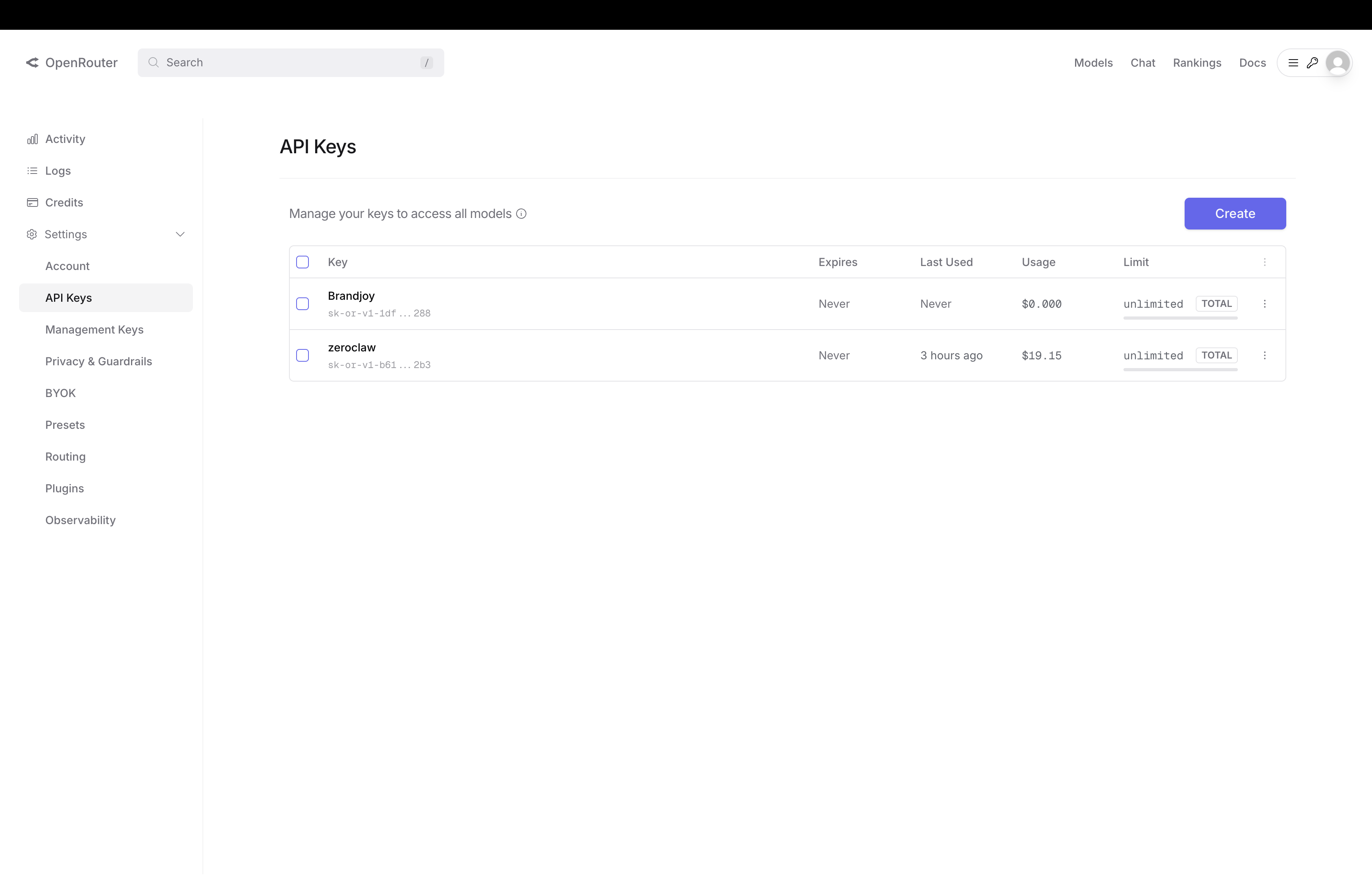 OpenRouter API Keys list with Create button